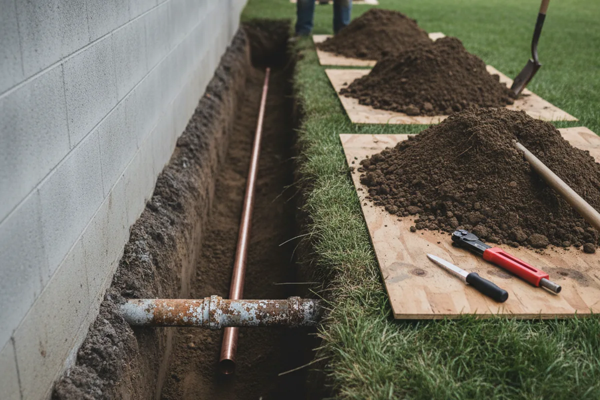 Excavated water line trench during Sewer Line Repair in Indian Head